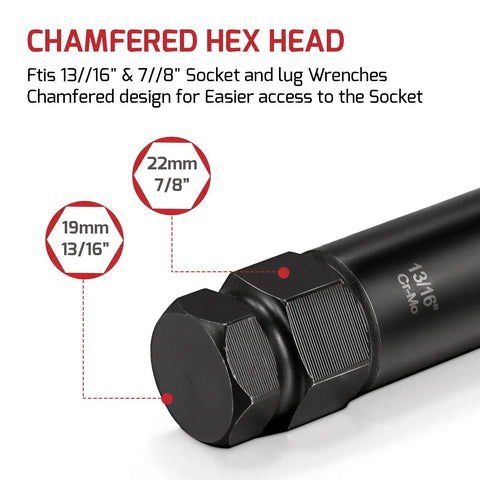 Chamfered hex head design of 16 Piece Wheel Lock Key Set With SAE And Metric Keys for easy access to sockets and lug removal