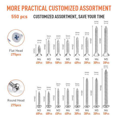Self Tapping Screws Assortment Kit 550 Pieces M3 Through M6 304 Stainless Steel For Metal Wood And Plastic With 275 Round Head And 275 Flat Head Phillips Drive displayed with measurements and head styles
