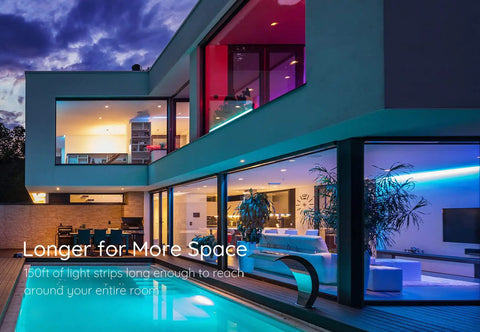 Modern home with 150Ft LED Strip Lights Kit With App Control And IR Remote, RGB Color Changing for ambient lighting