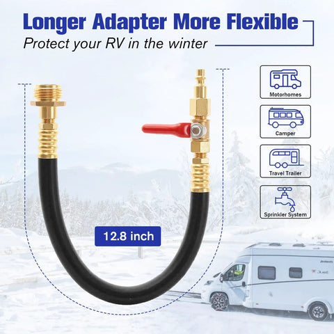 Heavy Duty RV Winterizer Kit With 16.9 Inch Water Blowout Hose And Shut Off Valve Sprinkler Winterizing Blowout Kit With Air Compressor
