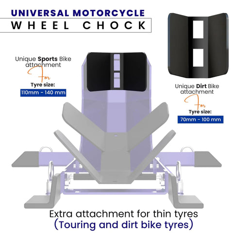 Universal Motorcycle Wheel Chock For Stand And Trailer, Completely Adjustable, with sports and dirt bike attachments.