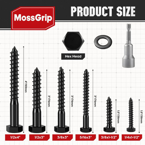 Product size chart with MossGrip Rugged 5/16 In By 3 In Lag Screws With Washers Black Zinc Plated for wood construction