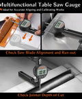 Multifunctional Table Saw Alignment Gauge With Digital Dial Indicator showing blade alignment and jointer depth on a saw setup.