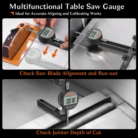 Multifunctional Table Saw Alignment Gauge With Digital Dial Indicator showing blade alignment and jointer depth on a saw setup.