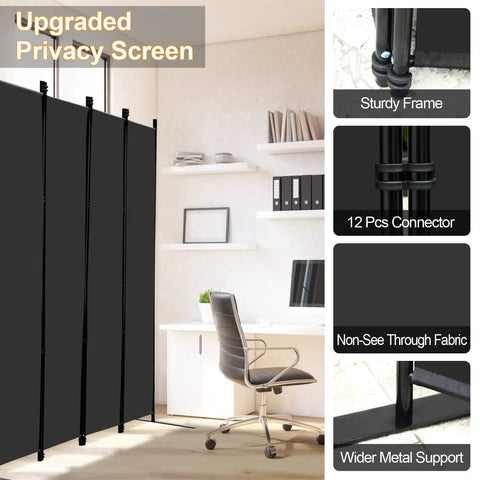 Six Panel Folding Privacy Screen, 9 Feet Wide By 6 Feet Tall, Portable Room Divider For Office Or Home, Black, in modern office setting.