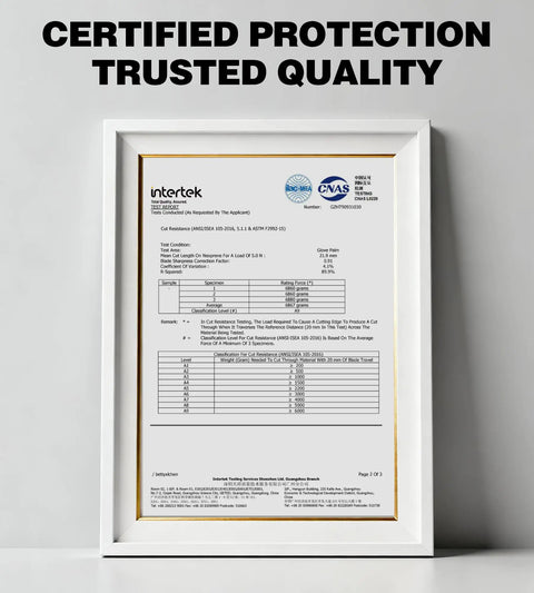 ANSI A9 Cut Resistant Work Gloves certification paper in a frame showcasing trusted quality and certified protection.