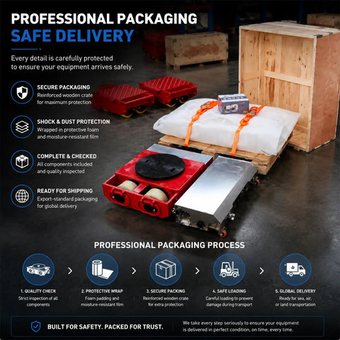 Heavy Duty Industrial Heavy Load Mover With 360 Degree Electric Remote Transport Platform securely packaged for safe delivery.
