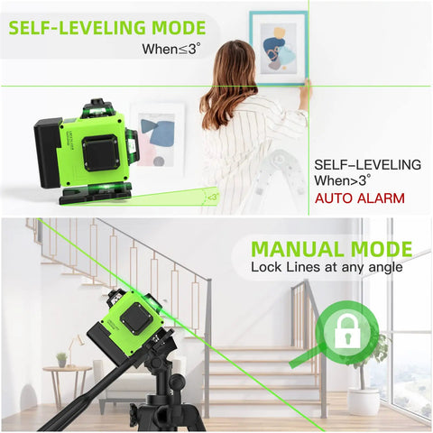 Super Handy Pro DIY 360 Degree Laser Level Self Leveling with four green beams for leveling and picture hanging