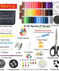 Image of the Ultimate Sewing Kit With 200 Premium Supplies And 41 XL Thread Spools For Travelers Beginners And DIY Fans Ideal For Emergency Repairs And Home Projects In A Grab And Go Ready To Use Bundle showing various sewing tools including spools, scissors, and needles.