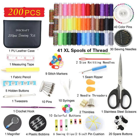 Image of the Ultimate Sewing Kit With 200 Premium Supplies And 41 XL Thread Spools For Travelers Beginners And DIY Fans Ideal For Emergency Repairs And Home Projects In A Grab And Go Ready To Use Bundle showing various sewing tools including spools, scissors, and needles.