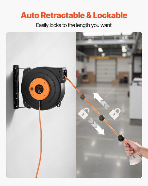 Heavy Duty 45 Ft Retractable Extension Cord Reel With Lighted Triple Tap Outlet, 15 Amp Circuit Breaker, 12AWG 3C SJTOW Cord, 180 Degree Swivel Bracket For Ceiling Or Wall Mount, Weather Resistant And Tangle Free. Auto retractable 45 ft cord reel mounted on wall