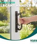 Premium Bronze Sliding Patio Glass Door Handle Set With Offset Latch And Keyed Lock Sash Control Eight Point Five Inch Escutcheon in hand.
