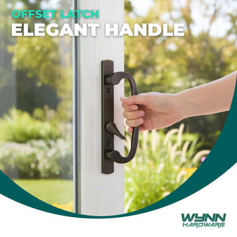 Premium Bronze Sliding Patio Glass Door Handle Set With Offset Latch And Keyed Lock Sash Control Eight Point Five Inch Escutcheon in hand.