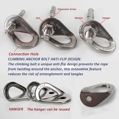 Two Pack 304 Stainless Steel Climbing Anchor Bolts, 30KN Rated Rock Climbing Hangers with anti-flip design and expansion screw