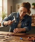 Woman using 7 Piece Hollow Leather Hole Punch Set With Anti Slip Grip Round Punches for leather crafting on a workbench.