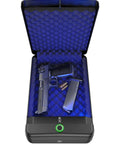 Open Compact Biometric Gun Safe For Handgun With Quick Access Fingerprint Lock showing pistol and magazine on foam interior