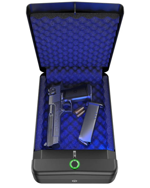 Open Compact Biometric Gun Safe For Handgun With Quick Access Fingerprint Lock showing pistol and magazine on foam interior