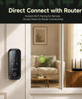 5 In 1 Smart Lock With Built In Camera And Doorbell, Keyless Entry Deadbolt mounted on a door with Wi-Fi router visible inside.