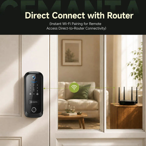 5 In 1 Smart Lock With Built In Camera And Doorbell, Keyless Entry Deadbolt mounted on a door with Wi-Fi router visible inside.