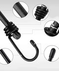 Close-up of Heavy Duty 4 Pack 24 Inch Black Bungee Cords With Hooks For Camping Tents Tarps Luggage Racks Bikes Kayaks Cargo Securing
