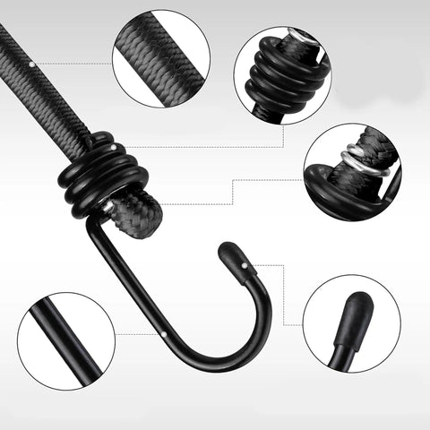 Close-up of Heavy Duty 4 Pack 24 Inch Black Bungee Cords With Hooks For Camping Tents Tarps Luggage Racks Bikes Kayaks Cargo Securing