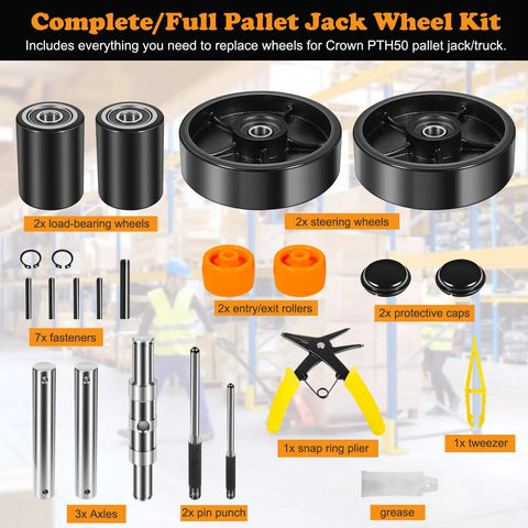 Pallet Jack Wheel Replacement Kit For PTH50 Forklift Truck, Full Wheel Upgrade With 2 Steering Wheels And 2 Load Wheels, Preinstalled Bearings And Axles, PU Tread, Entry Rollers, Pins And Hardware Included shown in image
