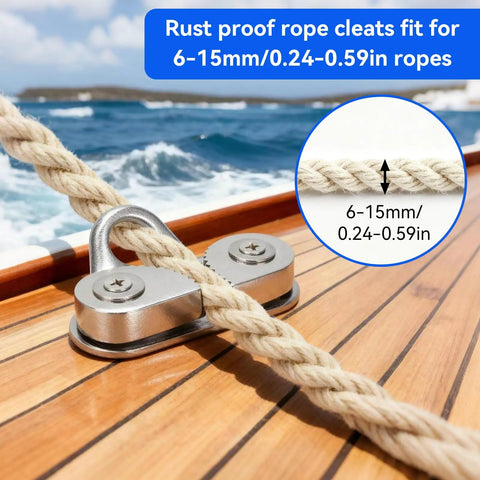 Beefy 316 Stainless Steel Cam Cleat With Rustproof Design, 6 To 15mm Rope Fit, installed on deck with fairlead ring.