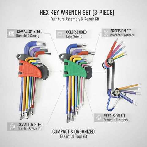 Cool CRV Alloy Steel Hex Key Wrench Toolkit, Three Piece Color Coded Set For Assembly And Repair, Rock Solid Durability To Handle Heavy Duties With Ease. 3-piece hex key set