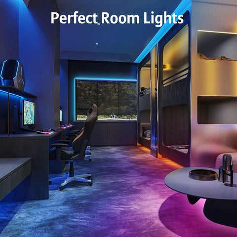 Music Sync RGB LED Strip Lights With App And Remote Control 50 Ft Two Rolls Multicolor Ambiance in gaming room setup
