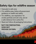 Graphic with wildfire safety tips including evacuation, government guidance, respirator use, and product instructions.