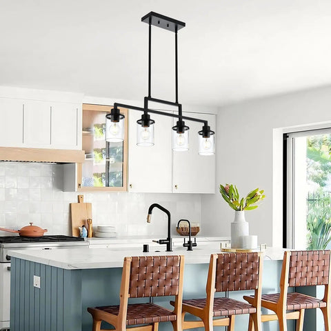 Dope Five Light Black Modern Chandeliers With Clear Glass Shades Industrial Pendant Lights in modern kitchen setting