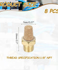 Pneumatic Exhaust Muffler Eight Piece Kit With One Eighth NPT Male Sintered Bronze Brass Fittings For Pneumatic Tools And Industrial Machinery Keep It Quiet Noise Reduction, size and specifications displayed