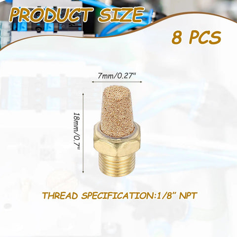 Pneumatic Exhaust Muffler Eight Piece Kit With One Eighth NPT Male Sintered Bronze Brass Fittings For Pneumatic Tools And Industrial Machinery Keep It Quiet Noise Reduction, size and specifications displayed