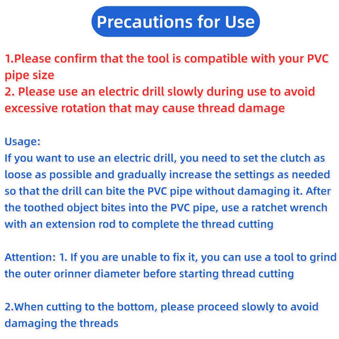 Precautions for using Heavy Duty Dual Function PVC Pipe Threader Kit For One Half, Three Quarter, And One Inch Pipes.