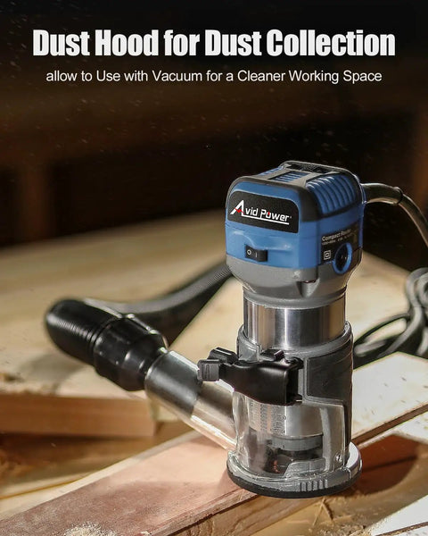 Compact Wood Router With Fixed Base And Edge Guide For Precise Edges, 6.5 Amp Power, 1.25 HP, features dust hood for clean cuts