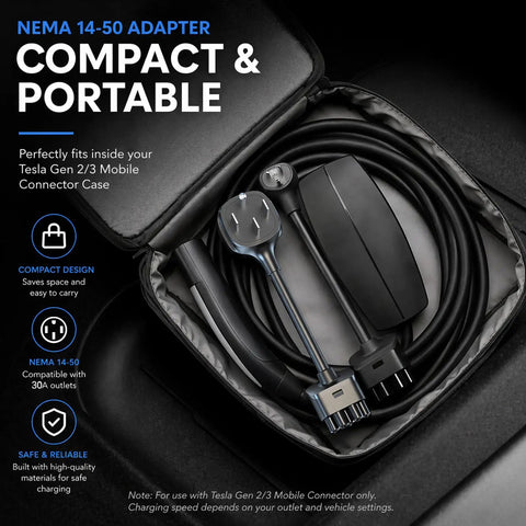 Nema 14-50 To Tesla Mobile Connector Adapter For Gen 2 And Gen 3 240 Volt 30 Amp EV Charging plug in portable case.