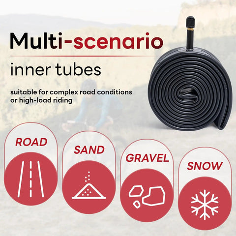 26 Inch Bike Inner Tube Fits 26 X 1.75 To 2.125 AV32mm Schrader Valve Multi Fit displayed with multi-scenario icons