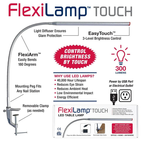 FlexiLamp Touch LED Nail Salon Table Lamp With Removable Clamp And Flexible Arm Three Brightness Levels 300 Lumens Eye Friendly
