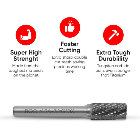 BOOLY carbide burr for die grinder, side view, 1/4 in shank, double-cut, metallic gray