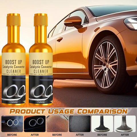 3 Pack Catalytic Converter Cleaner Kit For Gas And Diesel Cars, 120 ml Each, shown with before and after usage comparison.