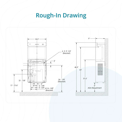 Rough-in drawing for Wall Mounted Bottle Filling Station With Refrigerated Filtered Water Dispenser Touch Free Sensor 9.5 GPH.