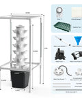 Space Saving Vertical Hydroponic Garden Tower With 5000K Full Spectrum Grow Lights And Dual Timers, 37 Inch Tall, with accessories