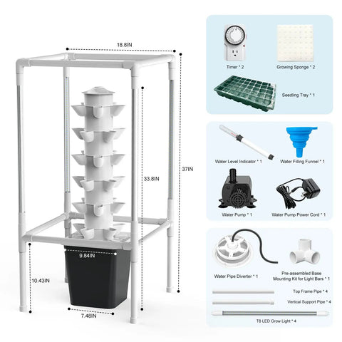 Space Saving Vertical Hydroponic Garden Tower With 5000K Full Spectrum Grow Lights And Dual Timers, 37 Inch Tall, with accessories