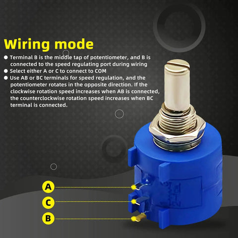 3590S-2-501L 500 Ohm 10-Turn Rotary Wire-Wound Precision Potentiometer showing wiring terminals and dial knob with text instructions