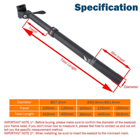 Specification chart for Cableless Hydraulic Dropper Seatpost Dope 27.2 Millimeter Diameter 450 Millimeter Length 120 Travel For MTB Ebike And Road Bikes Easy Install Upgrade Today.