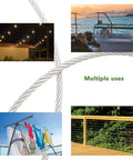 Collage showcasing 1000 Feet Of One Eighth Inch Stainless Steel Wire Rope Aircraft Cable For Deck Railing Kit with various outdoor uses