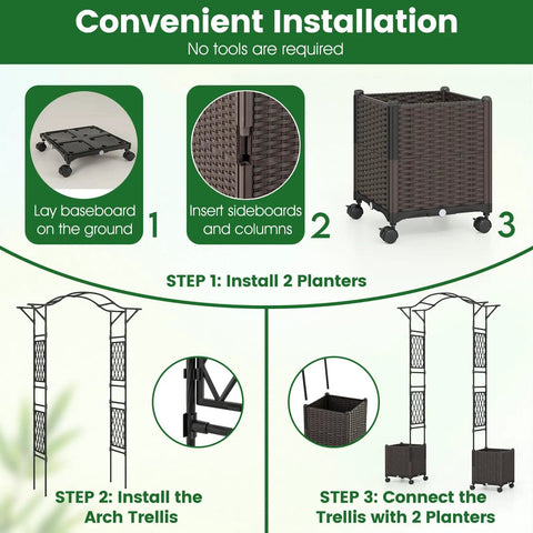 Installation steps for Garden Arch With Planters And No Fuss Self Watering Boxes On Wheels, 8.2Ft Metal Arbor Trellis