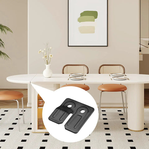 Top Drawer Table Leaf Hardware And Horizontal Leveling Straps Smooth Extension Fasteners With No Sweat Screwdriver Install Solid Setup For Kitchens And Dining Tables 30 Pack shown on table in modern dining area.