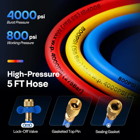 High-pressure 5 FT hoses with red, blue, and yellow color coding, lock-off valve, gasketed top pin, sealing gasket shown.