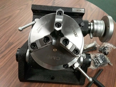 Precision Tilting Rotary Table With Three Jaw Chuck And Six Inch Centering Adapter, heavy duty steel construction, top view.